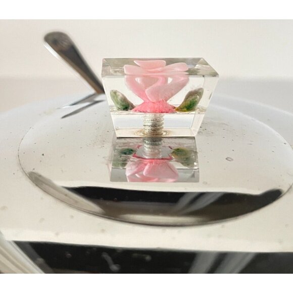 Vintage Glass Butter Dish Jam Jar Sugar Bowl w Lid Tray & Spreader Chrome Plated - Picture 2 of 11